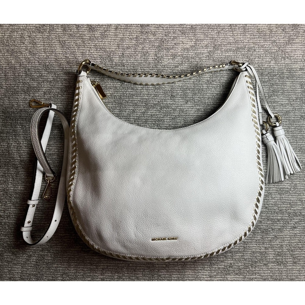 Michael Kors Hobo Bag Womens Large White Leather Whipstitch Tassel‎ Crossbody